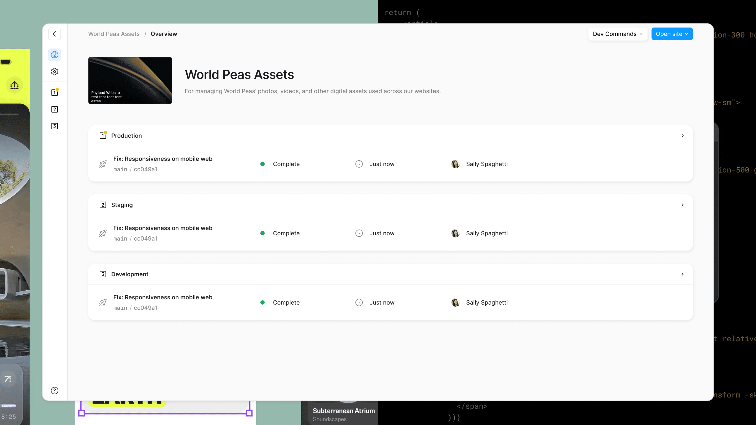 A Payload project overview for “World Peas Assets” inside Figma — Production, Staging and Development environments, each showing the same completed deploy
