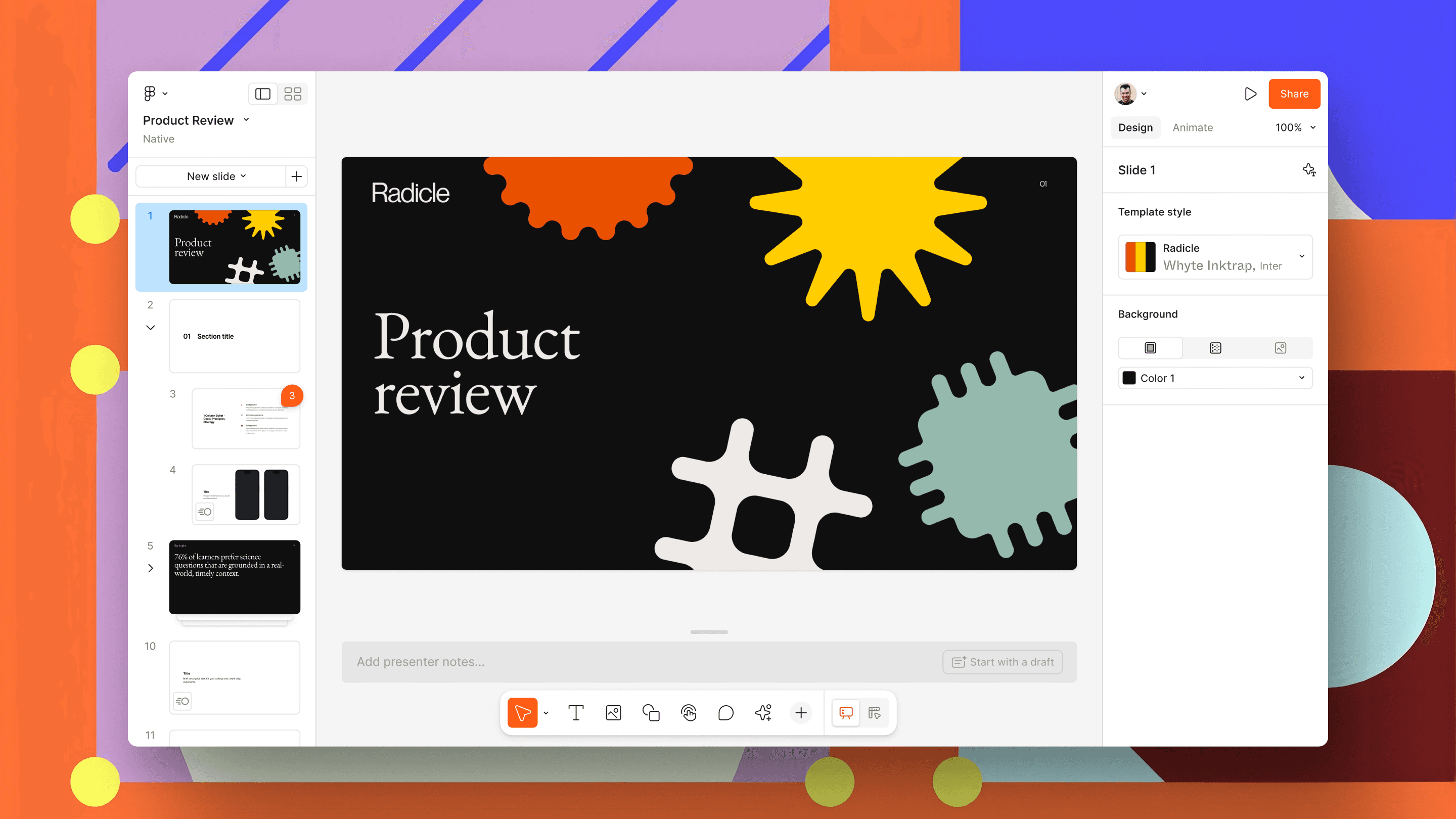 The Figma Slides editor open on a “Product review” deck, slide thumbnails down the left and the template-style panel at the right