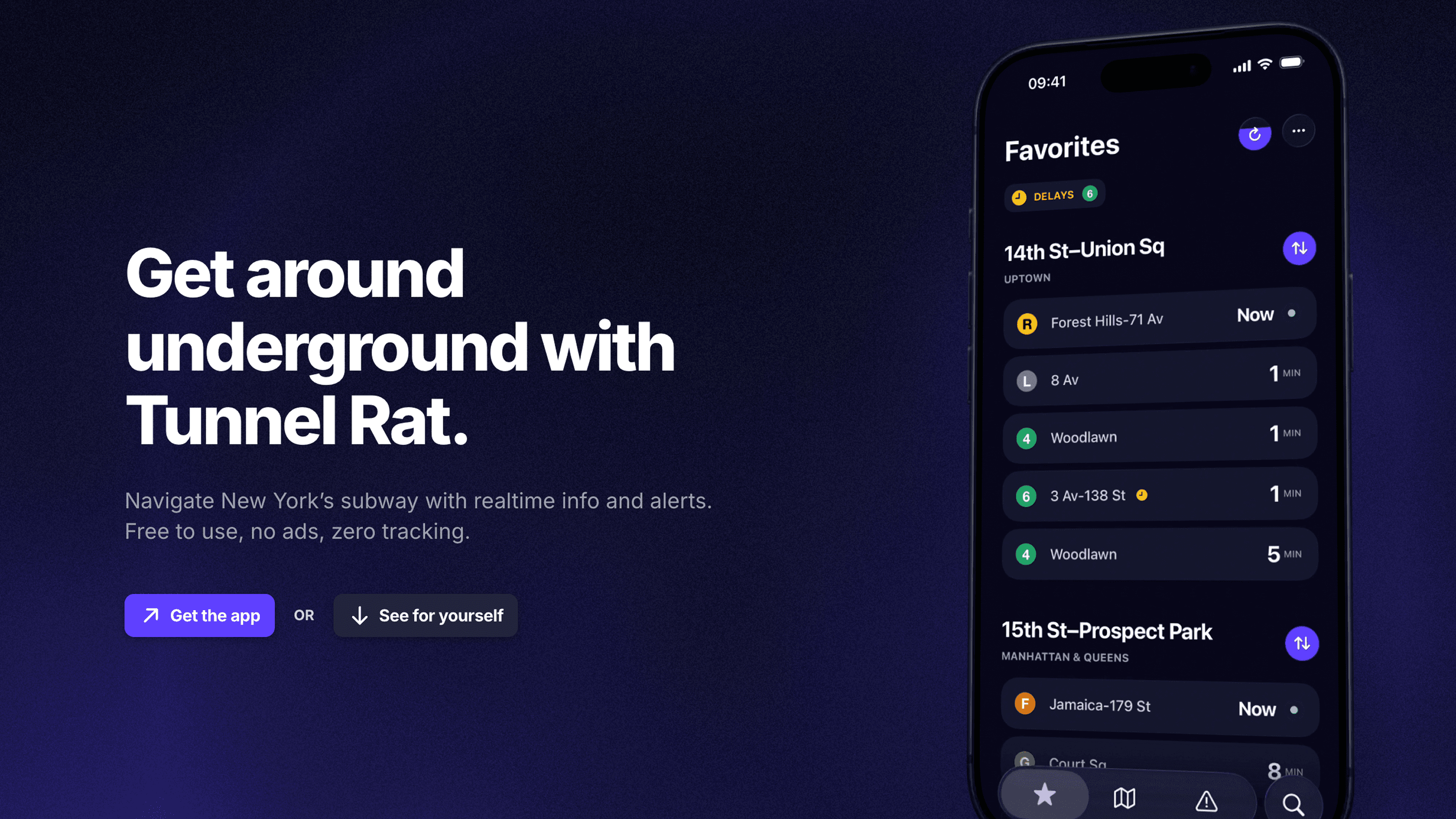 The Tunnel Rat marketing site — a dark navy hero reading “Get around underground with Tunnel Rat”, beside the app showing a Favorites list of live arrivals