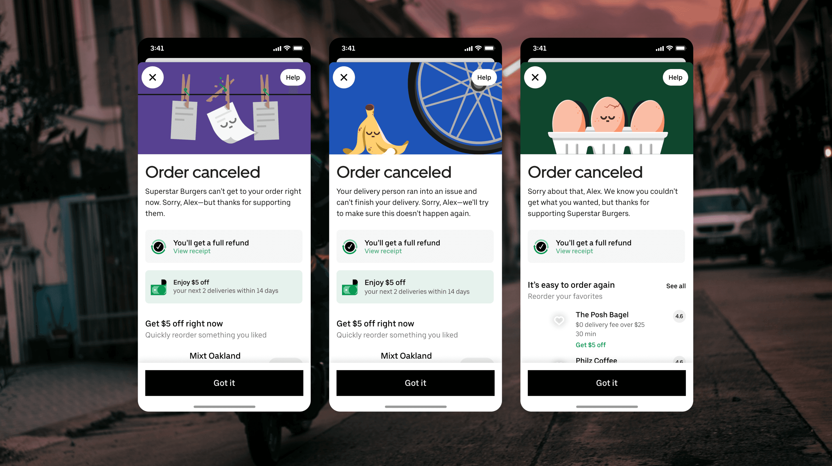 Three phones showing the “Order canceled” flow and the refund and credit states that follow it