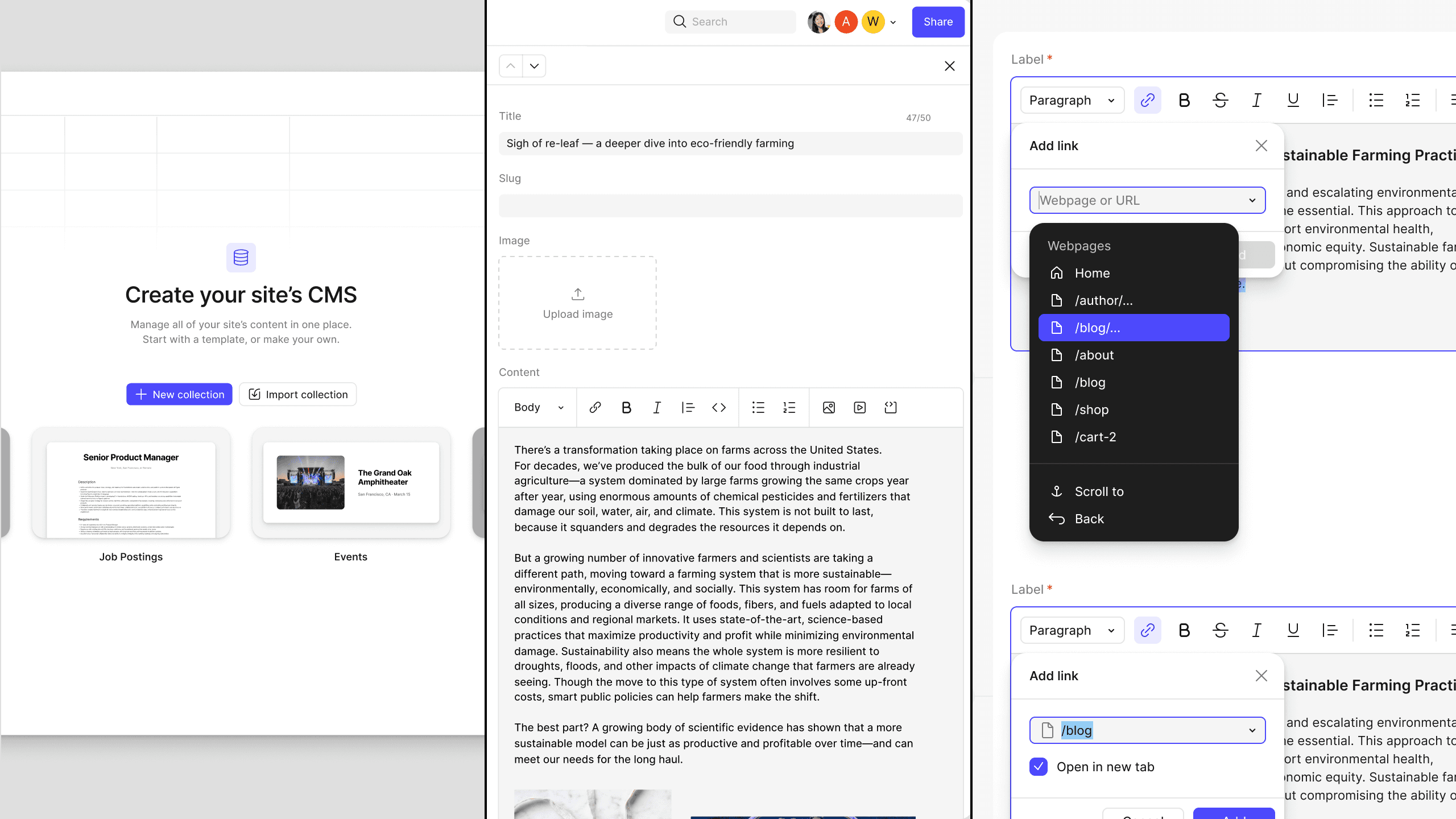 Three Figma CMS views side by side: the “Create your site’s CMS” empty state offering a new or imported collection, an entry editor with title, slug, image and rich-text content fields, and the rich-text link picker listing the site’s own pages