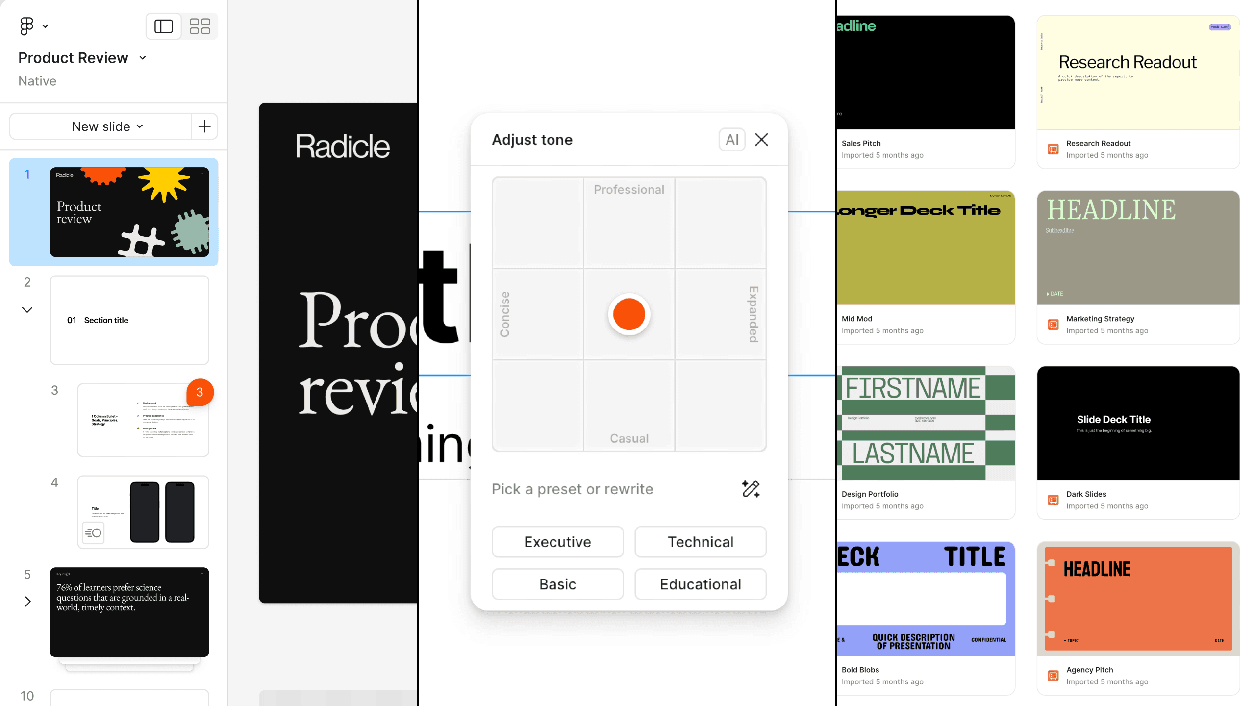 Three Figma Slides views side by side: the deck editor with a slide list down the left, the Adjust tone panel with its Concise–Expanded / Professional–Casual dial and Executive, Technical, Basic and Educational presets, and a grid of imported template decks