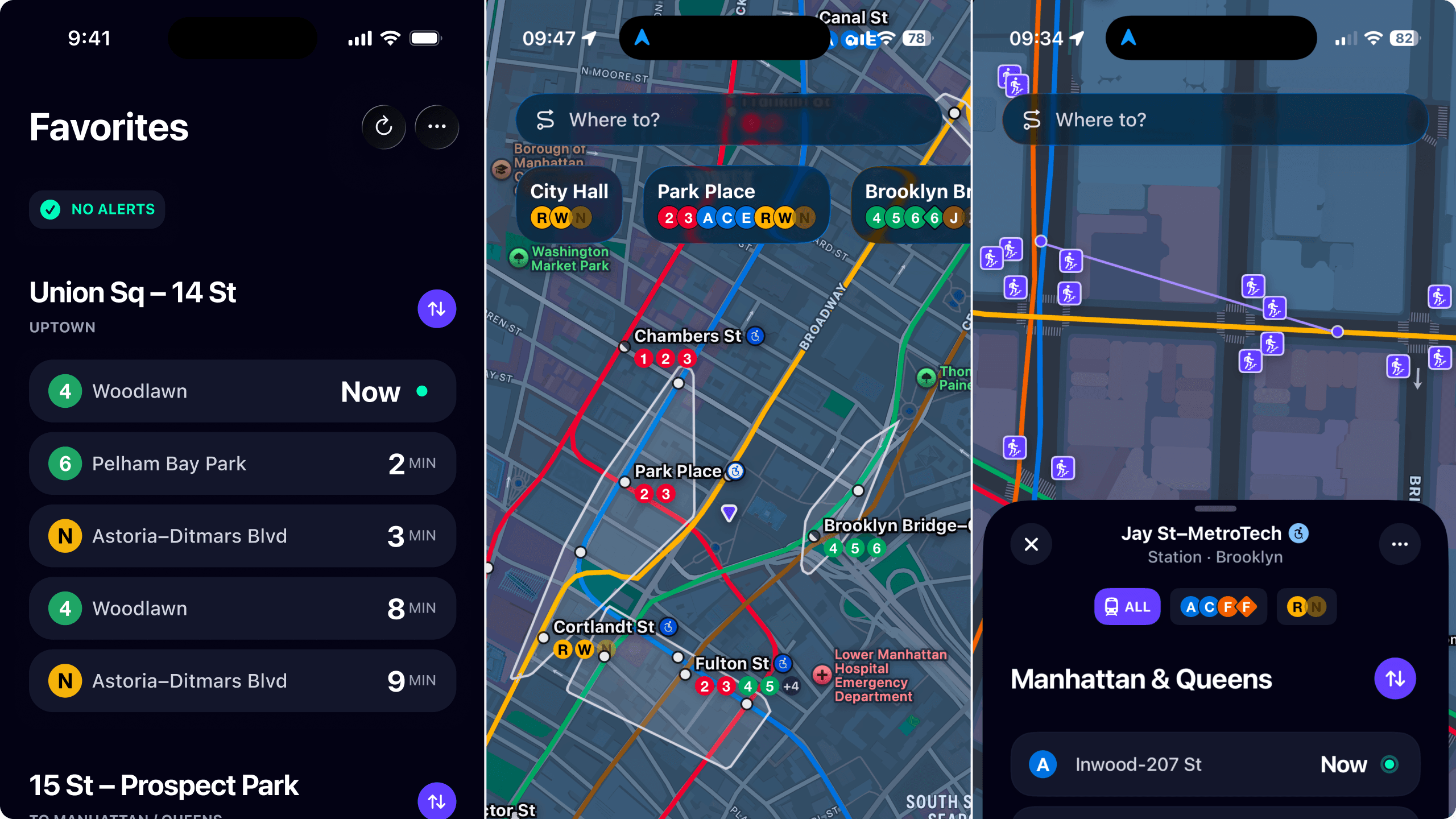 Three Tunnel Rat screens side by side: a Favorites list of live arrivals for Union Sq–14 St, the subway map with station labels and line bullets, and a station sheet for Jay St–MetroTech showing Manhattan & Queens departures