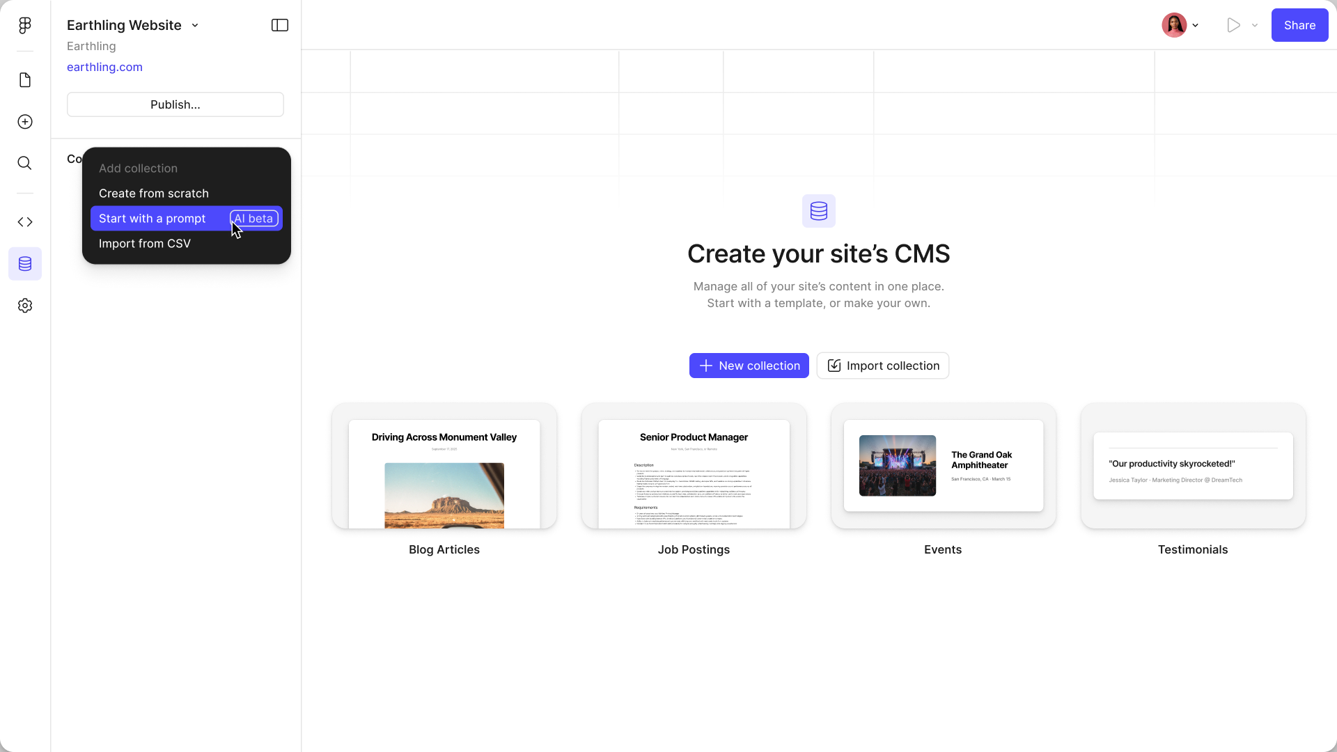 The empty CMS with the add-collection menu open: create from scratch, start with a prompt, or import from CSV