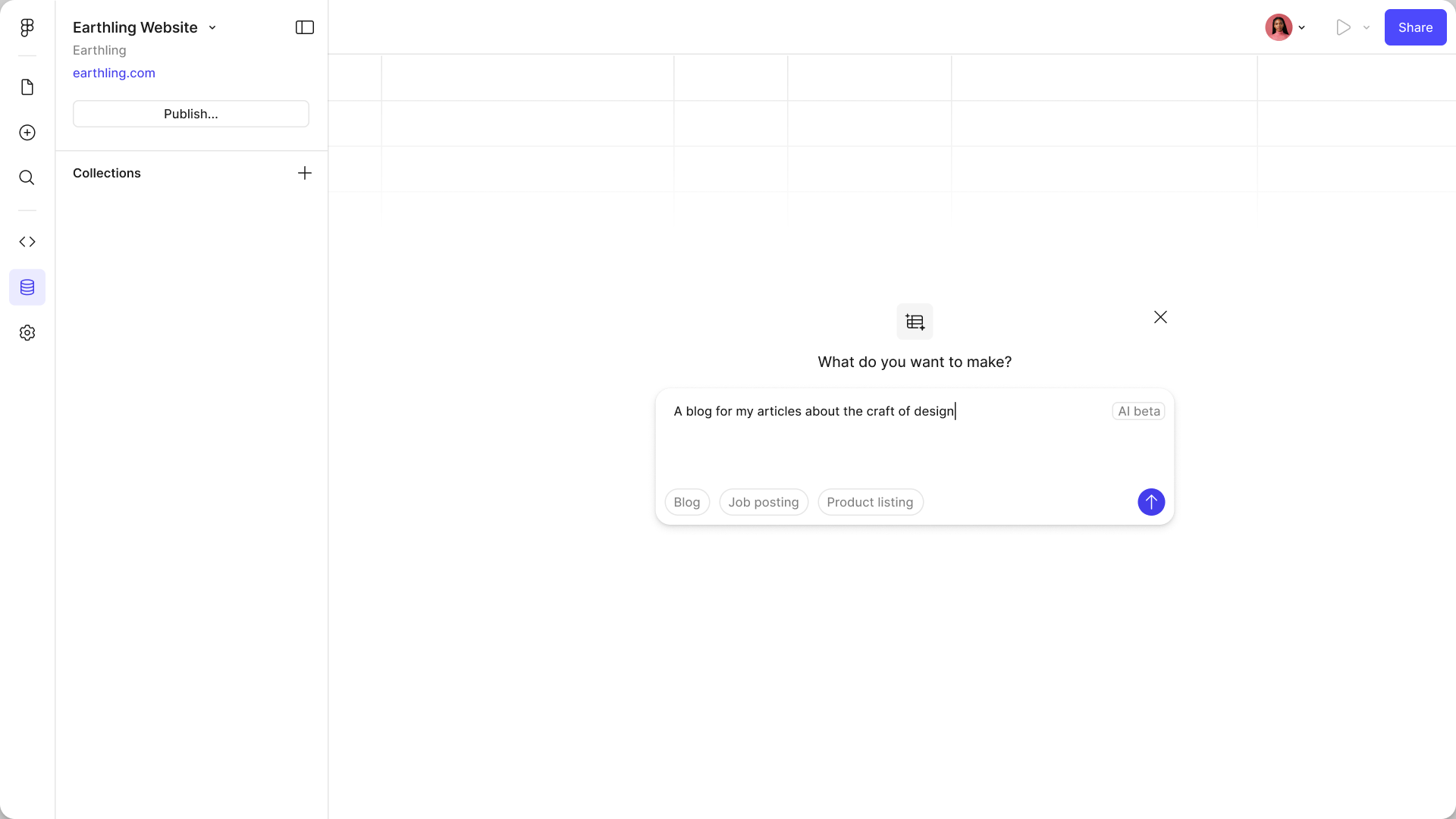 The prompt sheet — “What do you want to make?” — with a request for a blog about the craft of design typed in, and Blog, Job posting and Product listing as quick starts