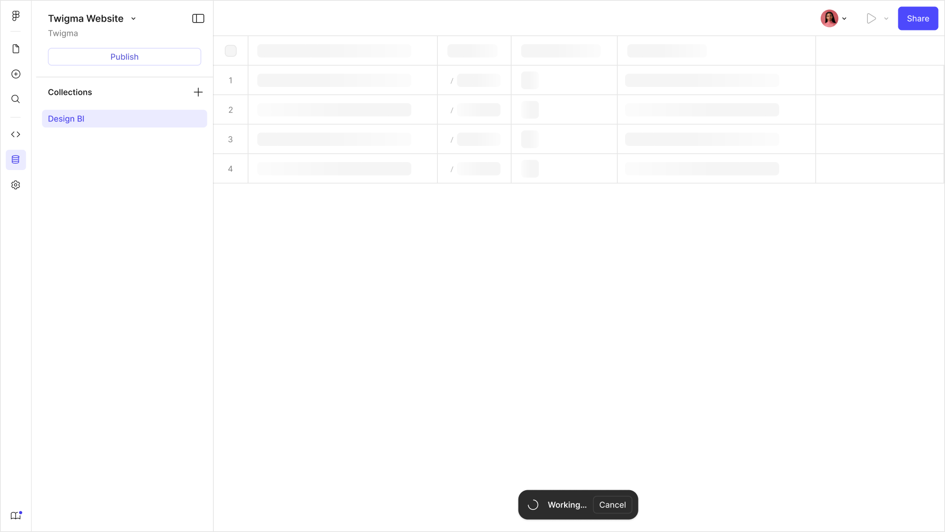 Generation in progress: skeleton rows filling the table with a Working indicator and a cancel affordance