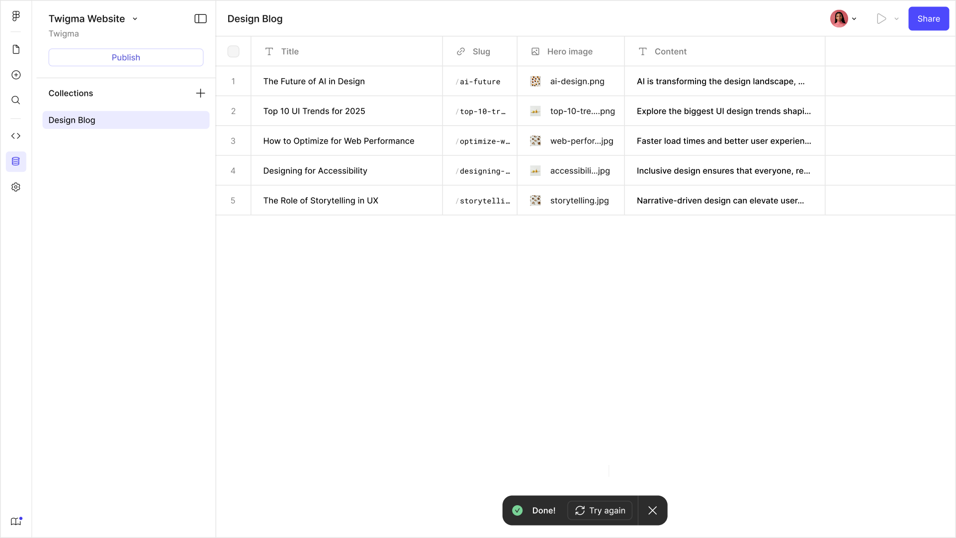 The generated Design Blog collection, six rows deep, each with a title, slug, hero image and summary ready to edit