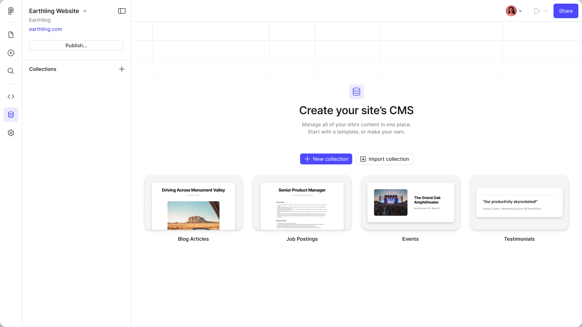 The empty CMS: a “Create your site’s CMS” state offering New collection or Import collection, over four starter templates — Blog Articles, Job Postings, Events and Testimonials