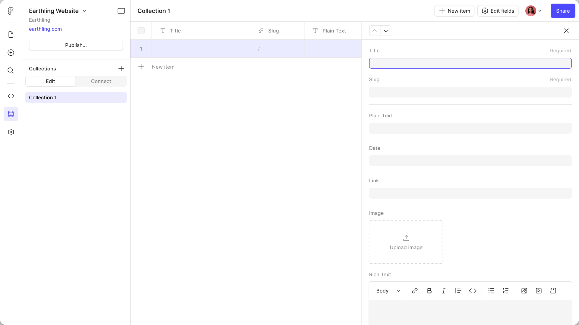 A new collection’s first item open beside the table, with Title, Slug, Plain Text, Date, Link, Image and Rich Text fields waiting to be filled