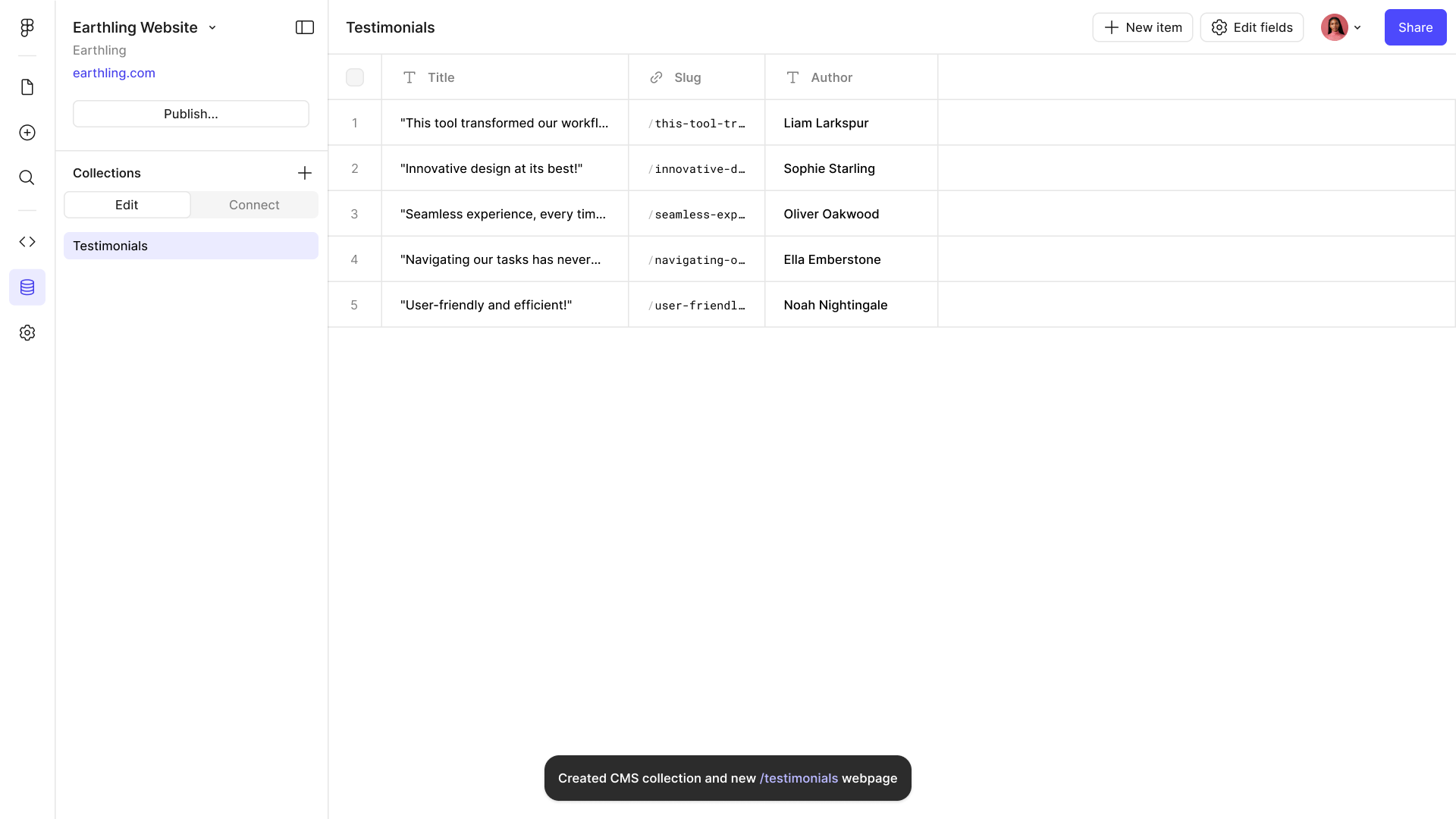 A finished Testimonials collection of five rows, with a toast confirming the collection and a /testimonials page were both created