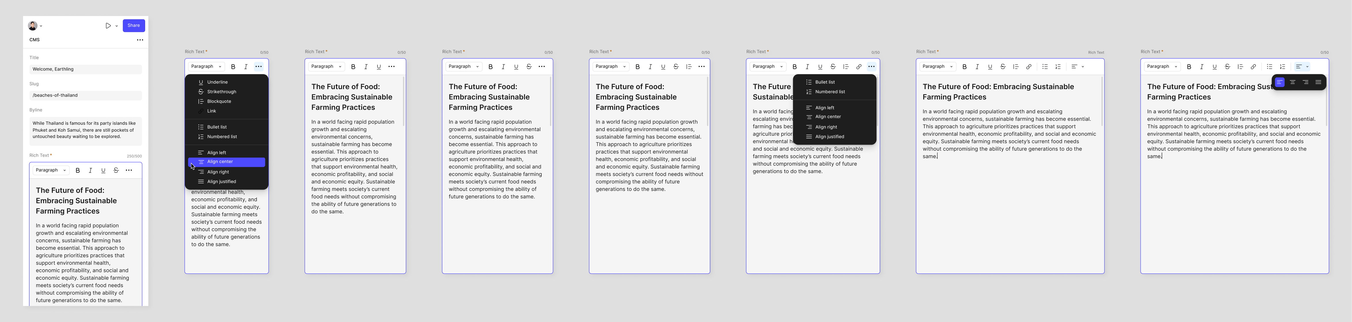 A filmstrip of the rich text editor: the entry beside its block menu — underline, strikethrough, blockquote, link, lists — then the toolbar collapsing step by step as the editing surface narrows, with the alignment submenu open