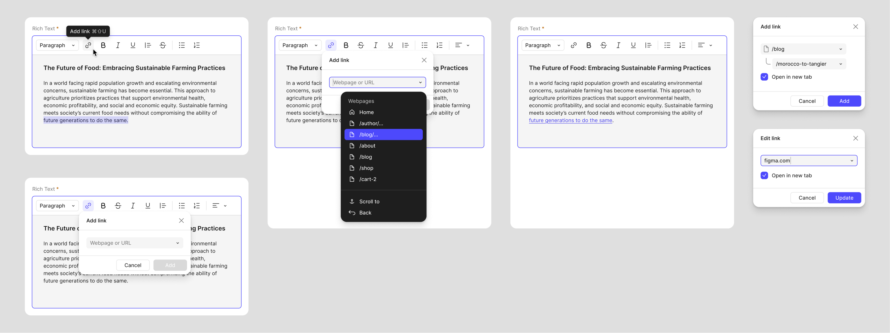 Adding a link: the Add link popover offering a webpage or URL, its dropdown listing the site’s own pages, and the Edit link state with an external URL and “Open in new tab” checked