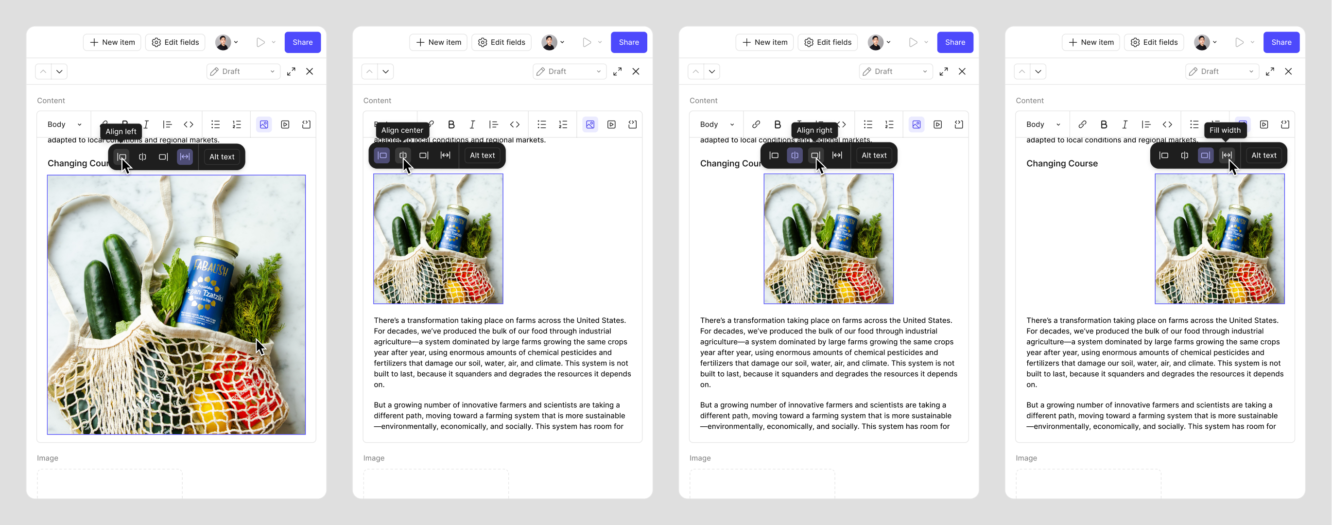 A four-panel strip of an image’s alignment options inside the editor — Align left, Align center, Align right, Fill width — each tooltip open and the body copy reflowing around the image