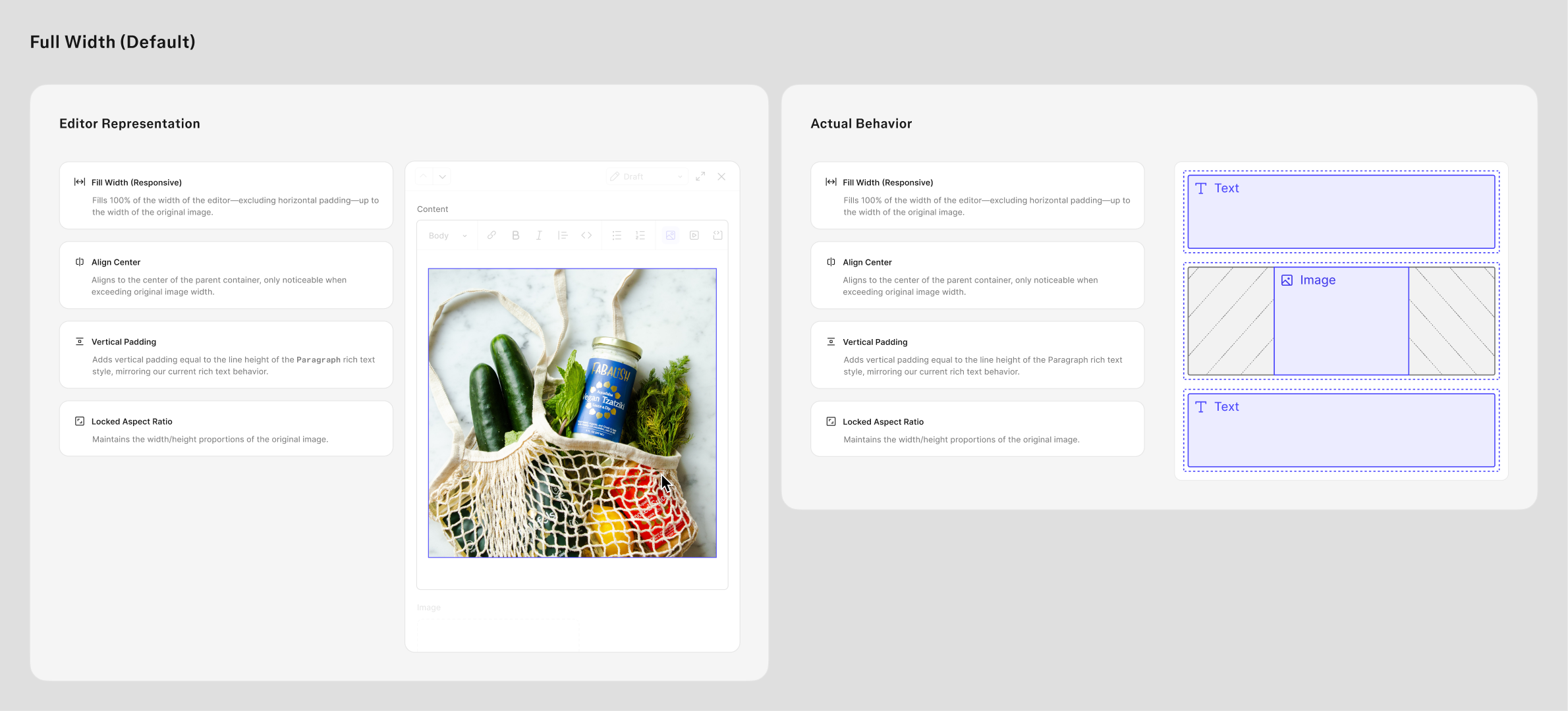 The Full Width default explained twice over: what the editor shows beside how it actually behaves, with notes on responsive fill, centering, vertical padding and locked aspect ratio