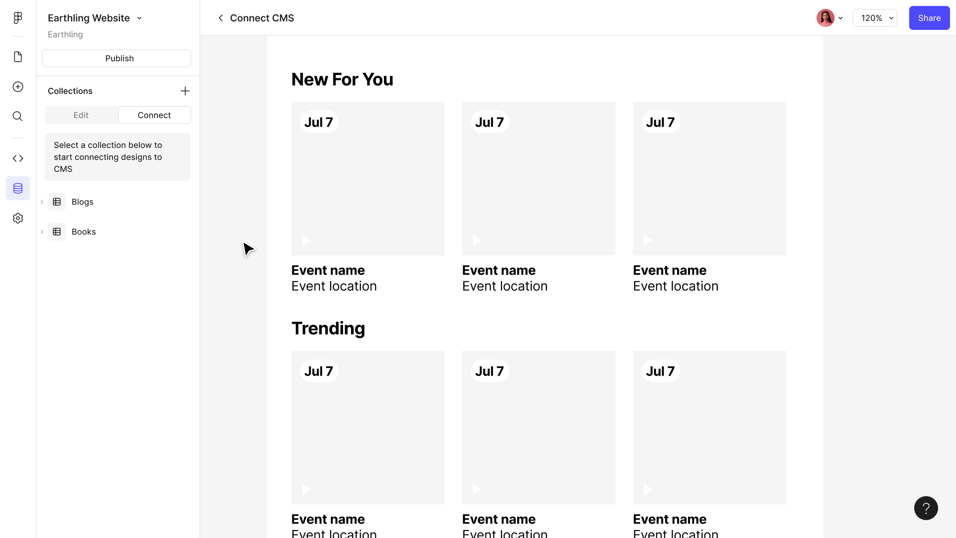 Connect mode asking you to pick a collection, with an unbound event grid sitting on the canvas behind it
