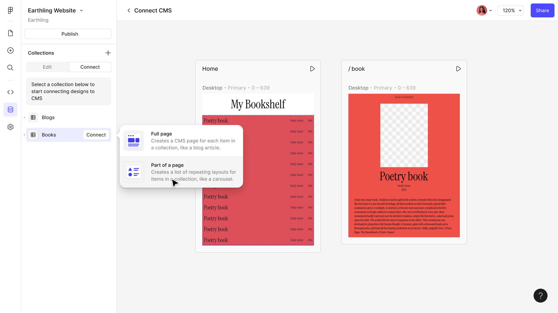 The connect chooser offering “Full page” or “Part of a page” over a row of book-cover designs
