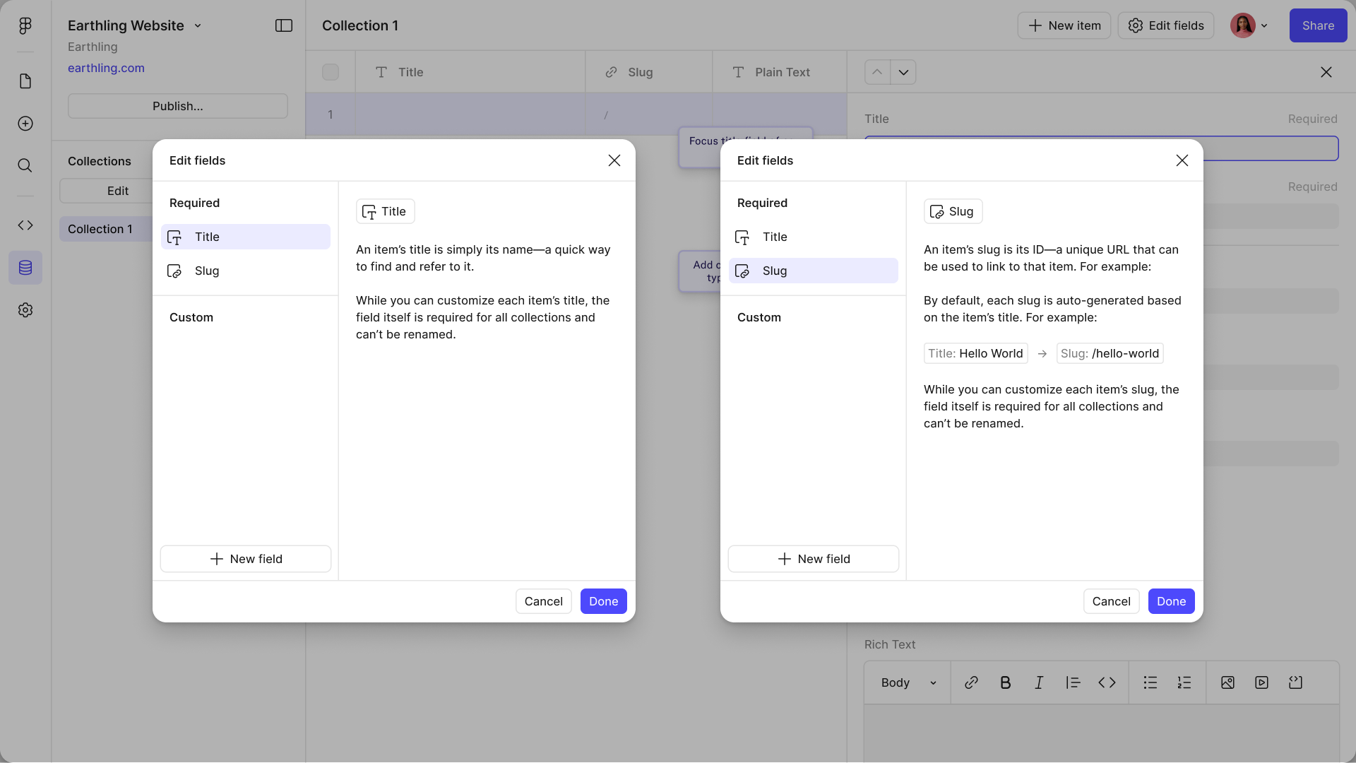 Edit fields with Title and Slug selected, each explaining what it does and why it can’t be removed