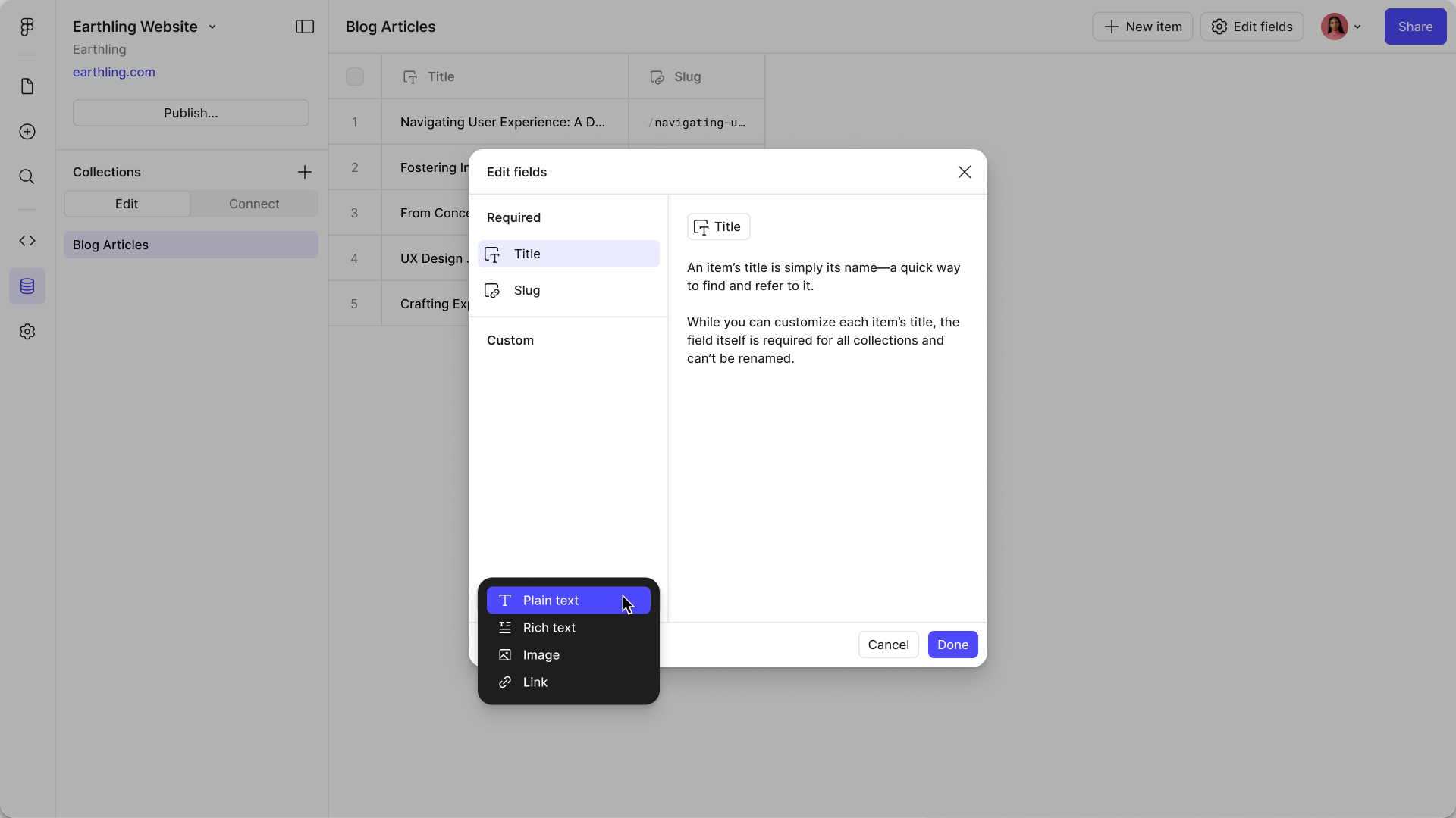 The field-type menu open over a populated collection, offering Plain text, Rich text, Image and Link
