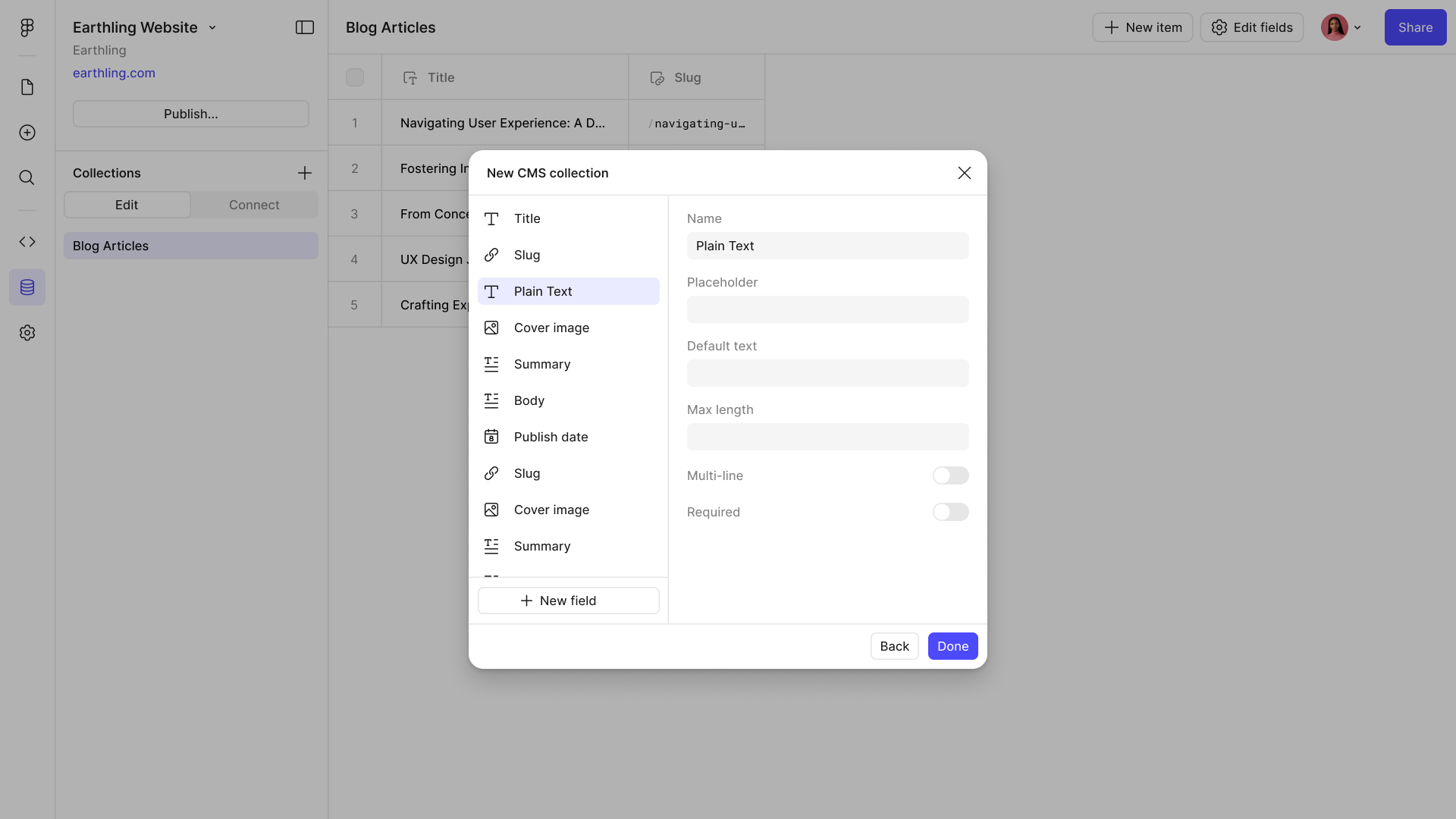 A New CMS collection panel listing its fields — Title, Slug, Cover image, Summary, Body, Publish date — each with a type beside it