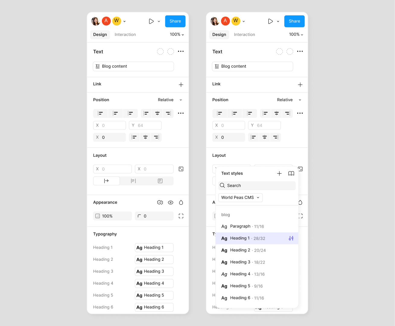 Two properties panels side by side: the Typography section mapping Heading 1 through 6 onto design styles, and the text-style picker open on the site’s own CMS styles with their sizes and line heights