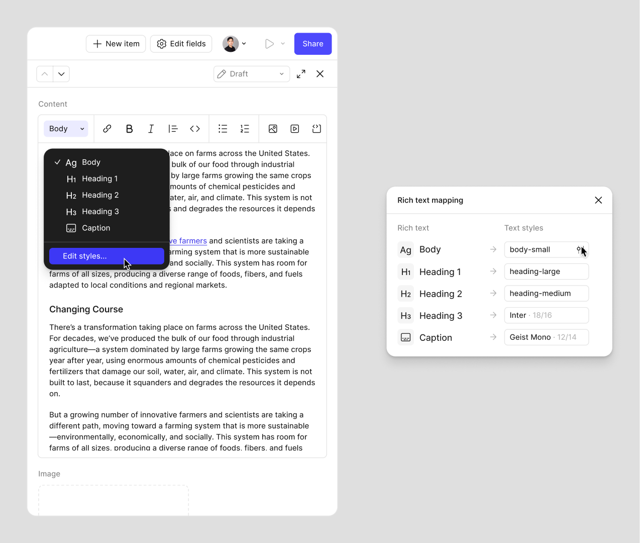 The writer’s half of the same system: the editor’s style menu offering Body, Heading 1–3 and Caption, beside the Rich text mapping panel wiring each of those to a named design style