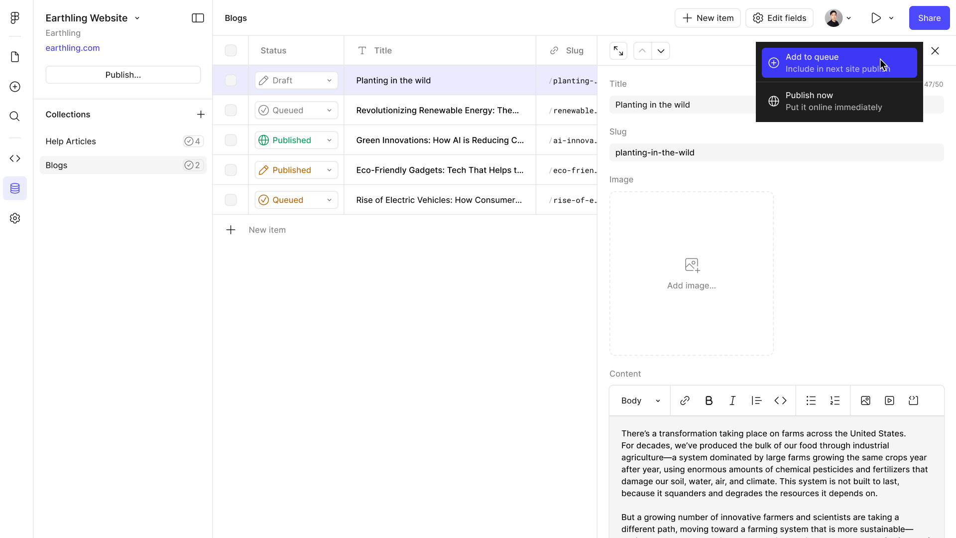 A single item open beside the table, its publish menu offering “Add to queue — include in next site publish” or “Publish now — put it online immediately”