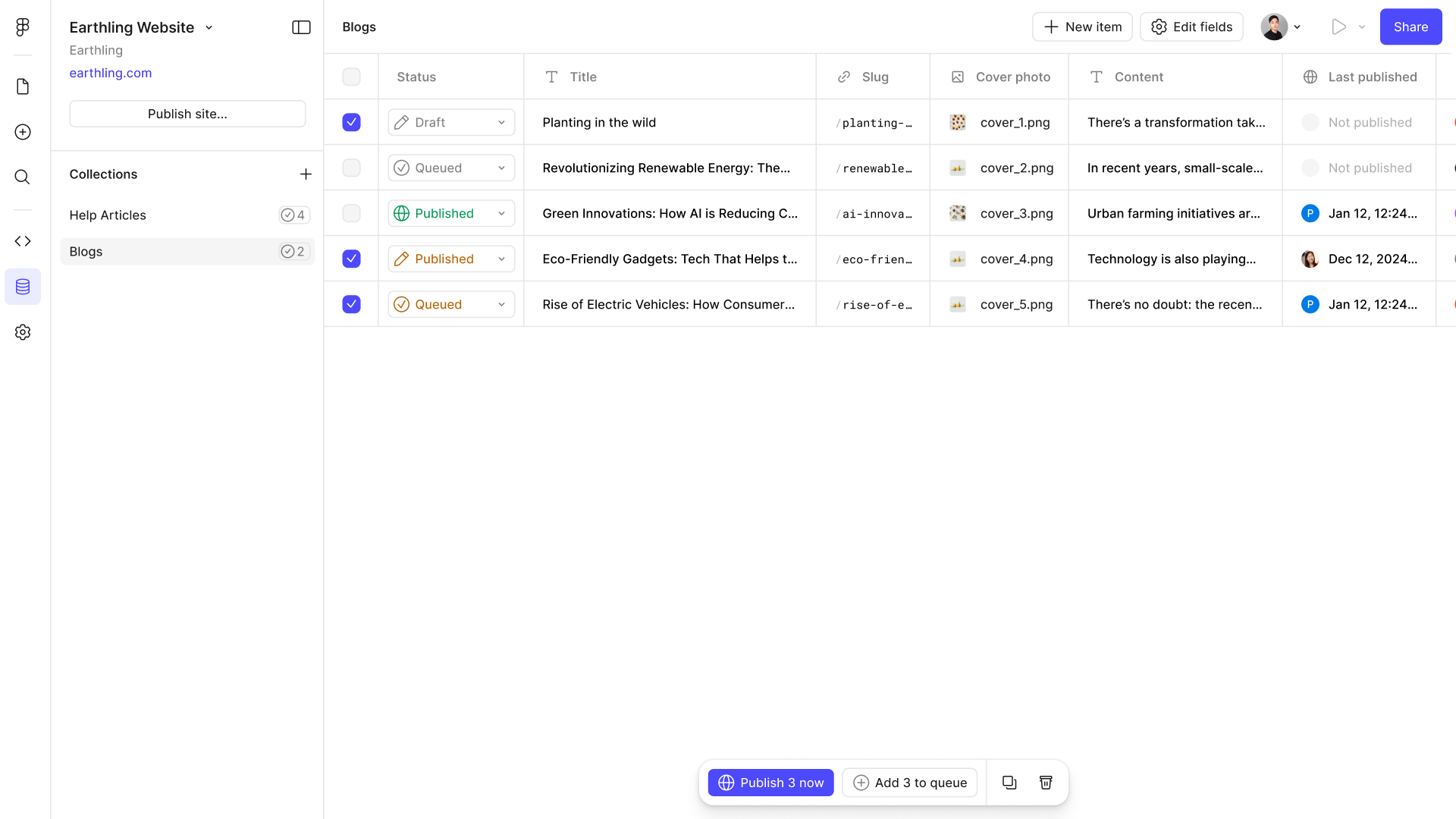 Three rows multi-selected, with a bulk action bar offering “Publish 3 now” or “Add 3 to queue”