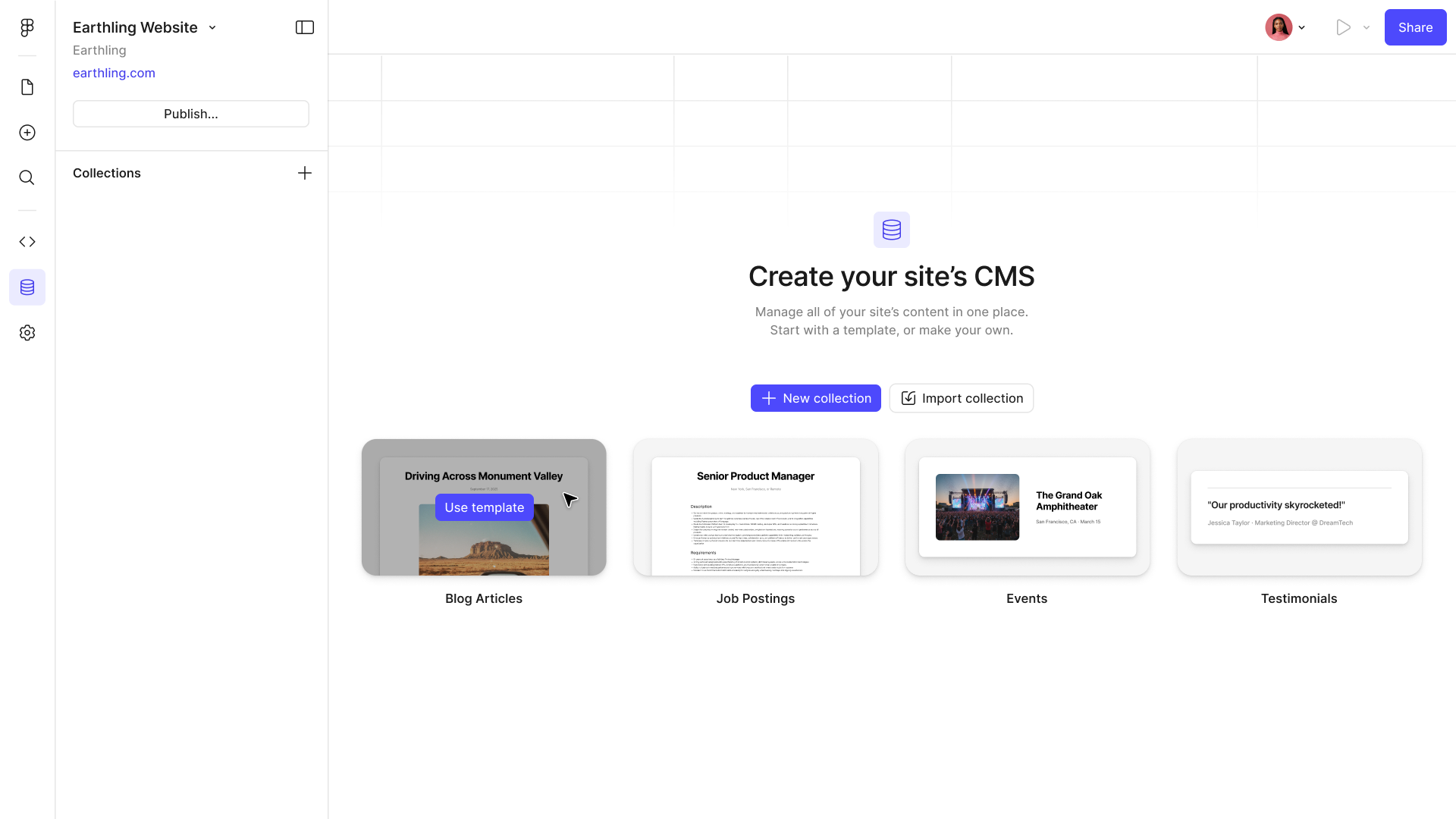 Picking the Blog Articles template from the CMS empty state