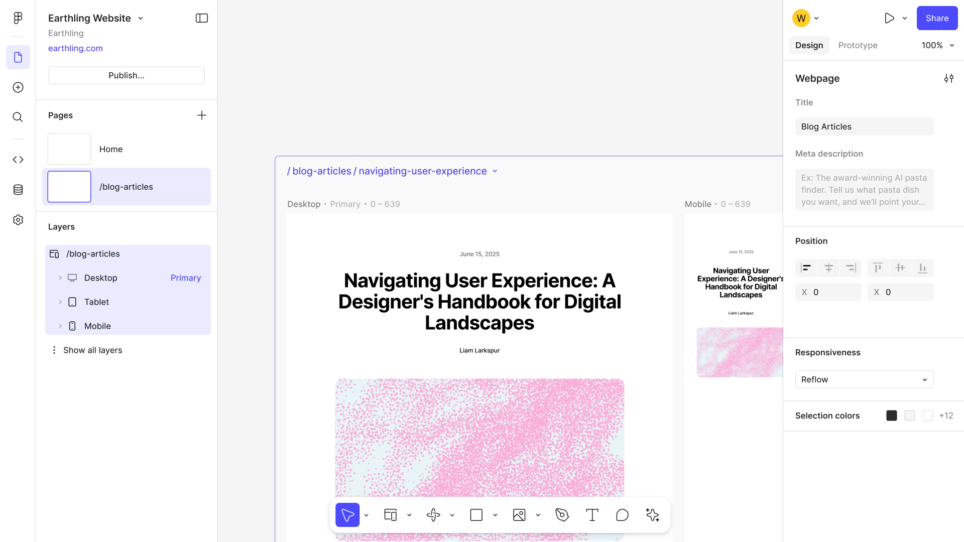 The page design that came with the template, open on the canvas with its layer tree — a working article page rather than a blank one