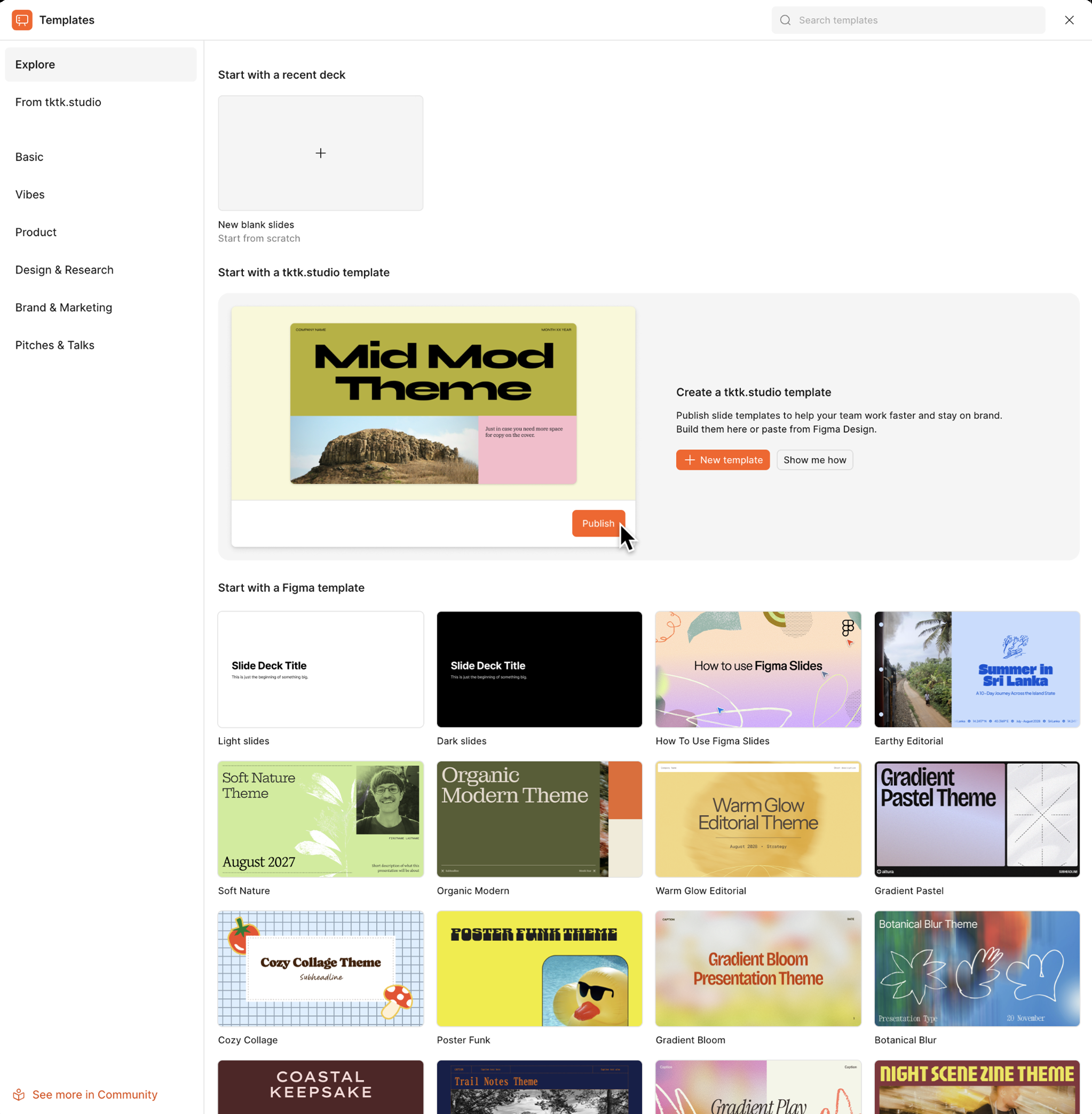 Publishing a template to a team or to community