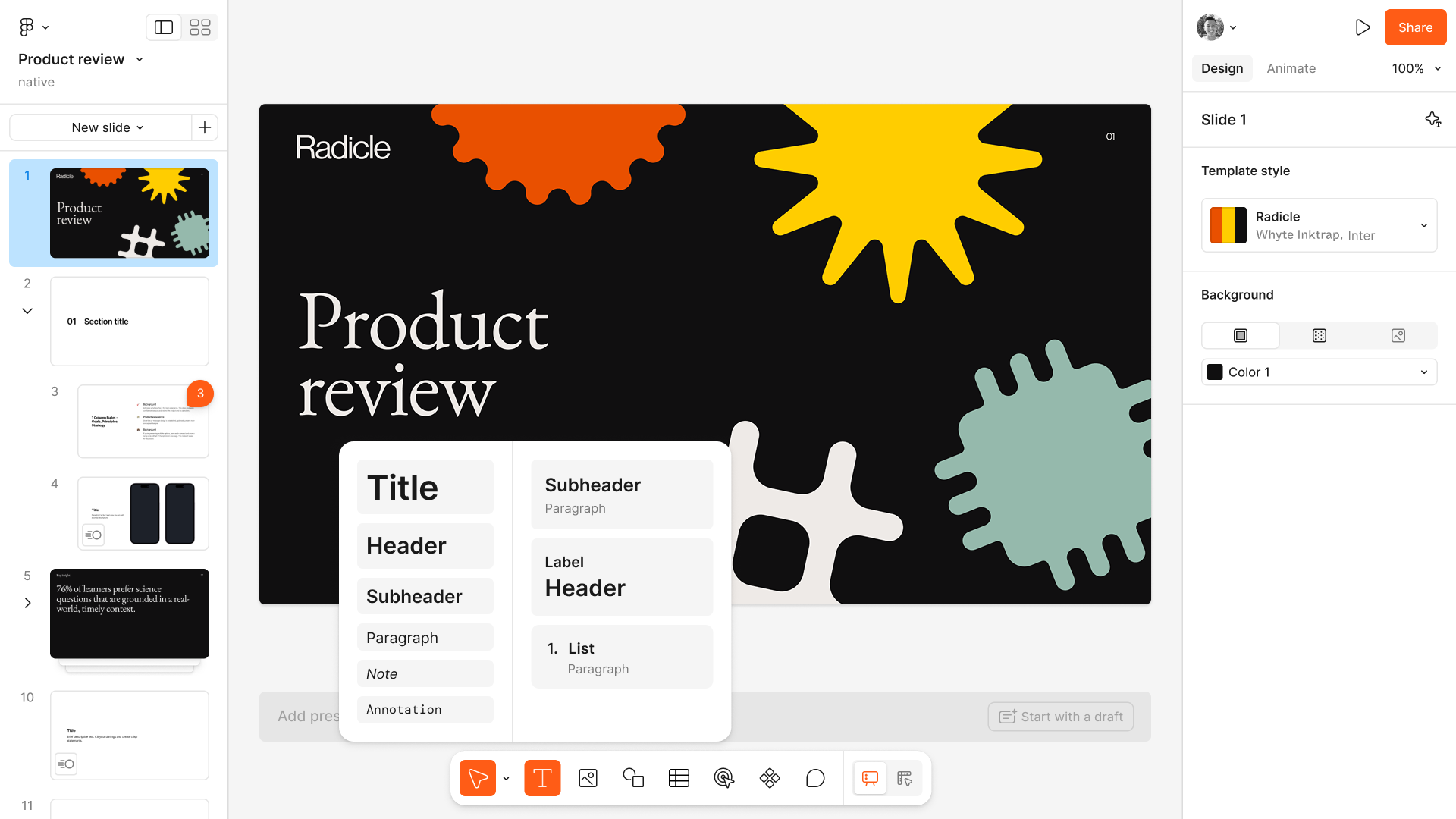 The Slides toolbar