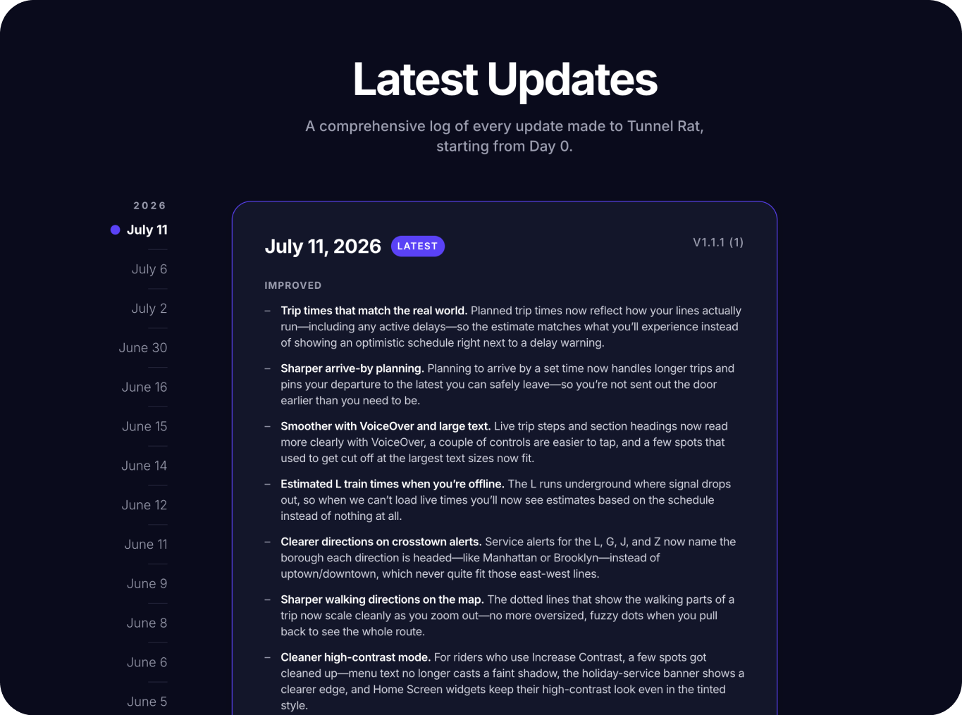 The Tunnel Rat changelog, listing every shipped version