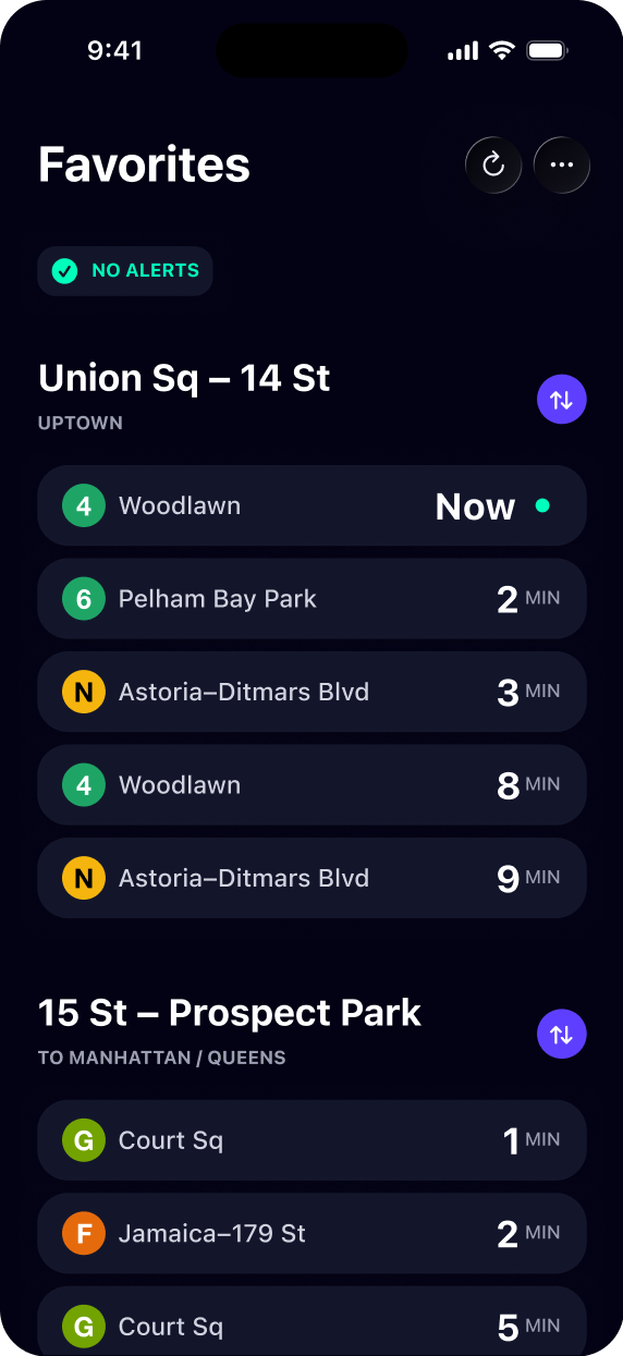 The Favorites list, showing live countdowns for two saved stations