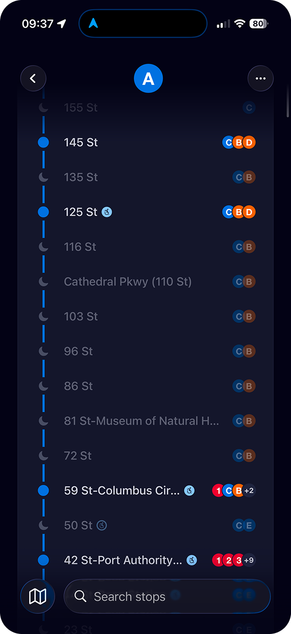 Every stop a line serves, in order