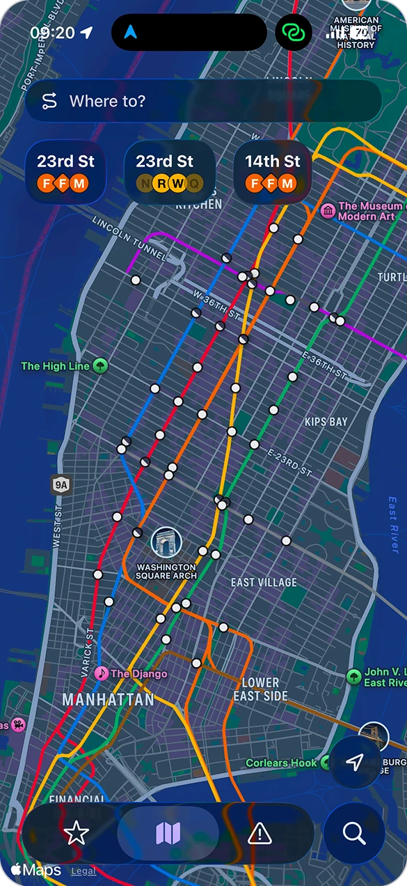 The full subway map, every station drawn in its real route colors