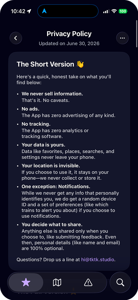 The same privacy policy rendered inside the app
