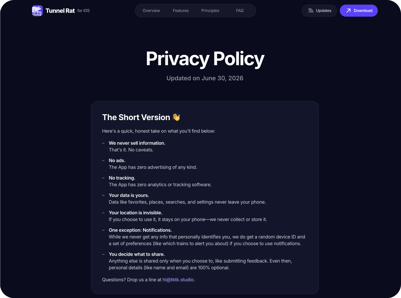 The privacy policy on the Tunnel Rat website