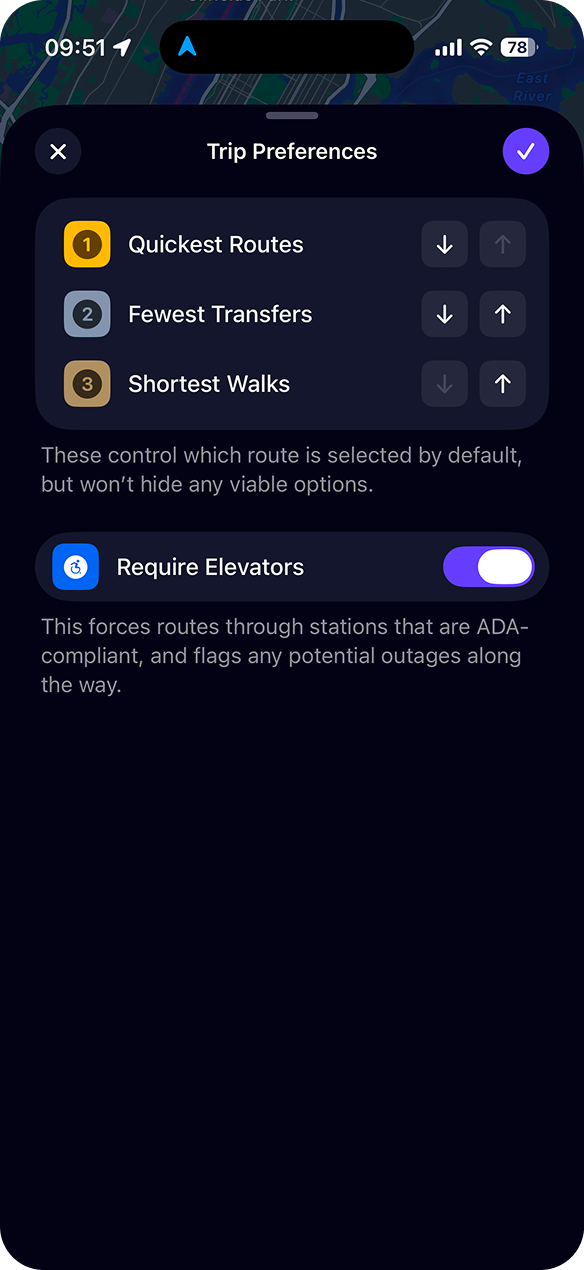 Trip preferences, including a switch that requires stations with elevators