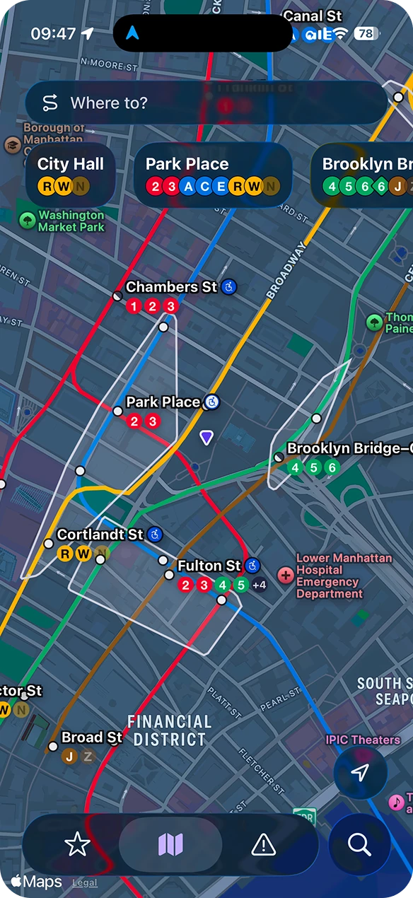The map zoomed in, stations labelled with the lines they carry
